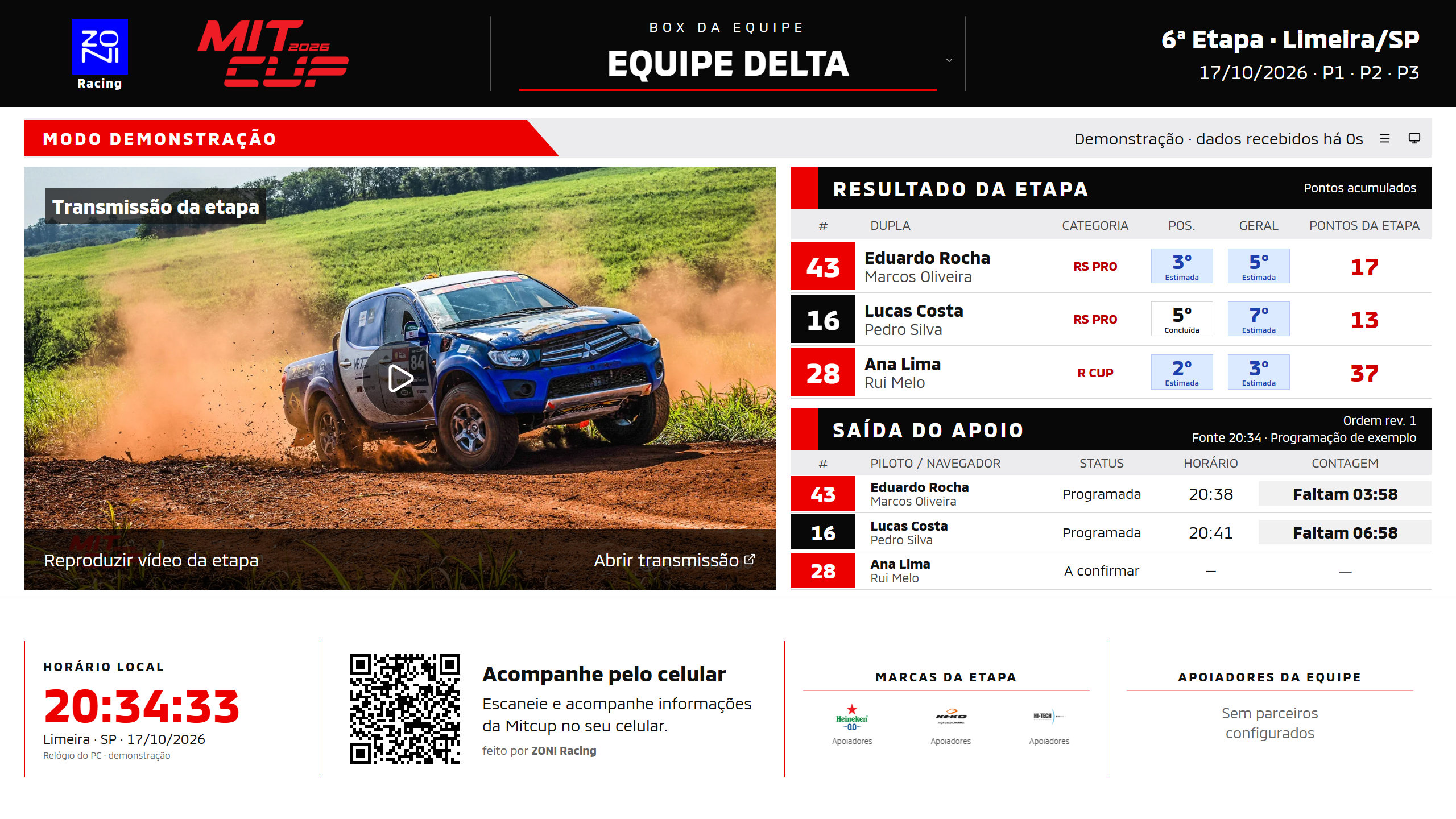 Modo demonstração do Trackside TV com equipe Delta, pontos acumulados e horários de largada