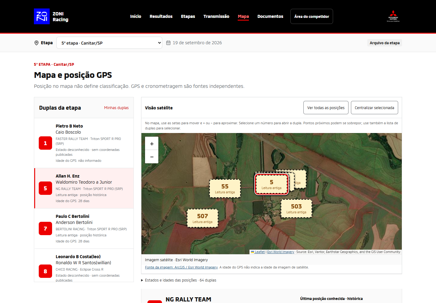 Área de mapa do webapp Mitsubishi Cup, com o estado de acompanhamento disponível na captura